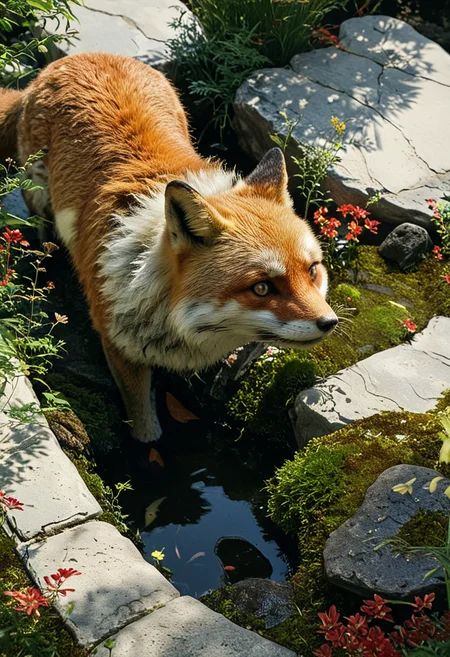 d577:0.25, A realistic Japanese courtyard garden with moss-covered mounds,natural stones and neatly arranged stepping stones forming a winding path, wabi-sabi aesthetics, spatial layering, and material harmony, a red fox in a pond of water surrounded by green plants and red and yellow flowers in the fore of the fox, rocks and grass and flowers and plants and plants on ground and rock wall and plants in vase and bowl and vases, cinematic lighting, glossy paper, iso150, 35mm, score_9, score_8_up, score_7_up, intricate details, Hyperrealism style, 3d, concept-art, dreaminess, psychedelic, shallow-depth-of-field, cinematic lighting, soft bokeh, very beautiful composition, Unreal, real-time 3D, Epic Games style, Unreal Engine style, 3d-rendering, vibrant contrast depth and shadow enhanced using (Gaussian blur) for a soft background focus, (sharpen filter) applied, (color grading) to enhance contrast between warm and cool tones, (noise reduction) for a smooth, clean finish, (HDR toning) used for extra depth and detail, highly detailed dreamy background detailed skin texture, subsurface scattering award-winning, professional, highly detailed . dreamlike, mysterious, provocative, symbolic, intricate, detailed, hyper-detailed, masterpiece, award winning, midjourneyv6.1