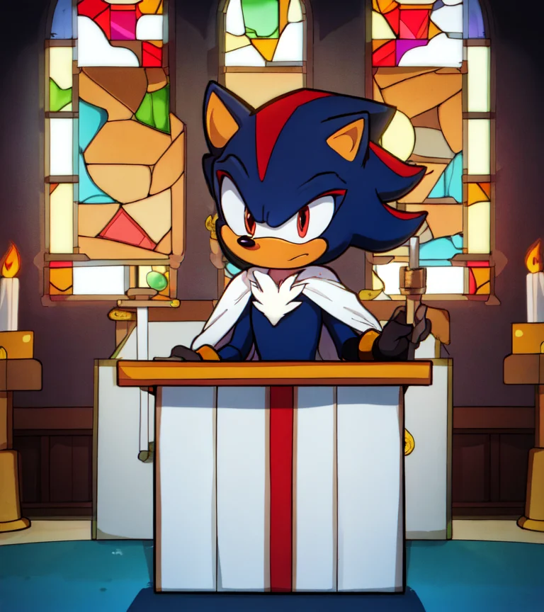 shadow the hedgehog \(sonic\), behind a lectern, standing, giving a sermon at church, stained glass window in background, white robe
<lora:shadowTheHedgehogSonic_v1:0.7>