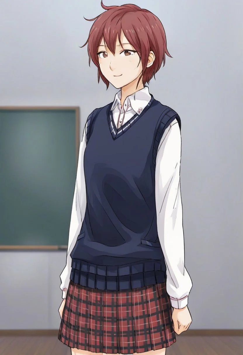 masterpiece, best quality,
 kd_vnstyle
 1girl, (solo)
short messy hair,
red hair,
bangs,
school uniform,
white shirt, long sleeves,
skirt, plaid skirt,
(blue sweater vest),