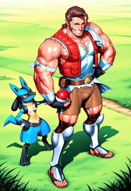 masterpiece, best quality, amazing quality, very aesthetic, absurdres, newest, gohheracilxl, 1boy, Lucario, Pokemon, brown hair, mature male, smile, grin, male focus, belt, muscular, sandals, red underneath vest, brown shorts, white toga, single cloth armband, leg bandages, bulging muscles, greaves, belt buckle, sideburns, sunny, grasslands, holding giant pokeball