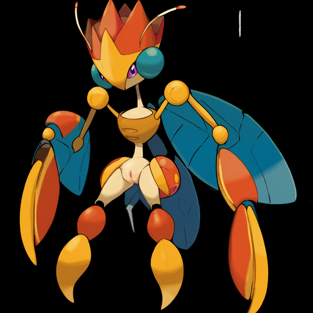 source_furry, rating_explicit,  <lora:pokemon_pony_xl:1.0>, Type: Bug, Type: Fighting, Egg Group: not obtainable, is an Ultra Beast that resembles a feminine anthropomorphic cockroach, It is primarily white with a thin build, Its torso is composed of five thin discs that droop slightly downward, The widest disc makes up its shoulders, the second widest its hips, and the two smallest its chest and waist, There is a gold ovoid inside of the widest disc, where its long, thin neck protrudes from, Its arms and legs are also long and thin with gold joints, Its hands and feet are both composed of two golden claws, has a small, semi-flattened head with a yellow, crown-like structure on top, The two tallest points of the crown point to its long, thin antennae, which are white with small gold balls at the tips, Attached to the back of its head are two structures resembling insect wings, The wings are transparent, curve slightly inward, and reach nearly to the ground, It has narrow, purple eyes with bright blue pupils, nipples, pussy, score_9, score_8_up, score_7_up, score_6_up, score_5_up, score_4_up