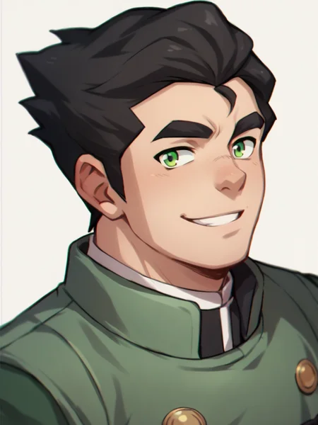 score_9, score_8_up, score_7_up, score_6_up, score_5_up, score_4_up, source_anime, portrait of B0lin man, green eyes, black hair, smiling, green jacket, <lora:B0lin-000001:1>