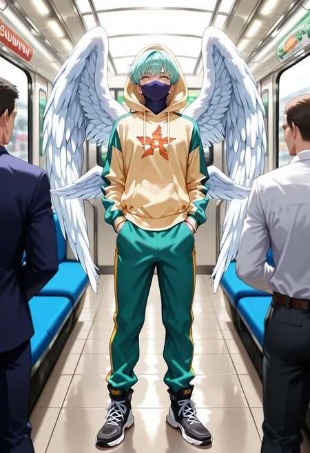masterpiece, best quality, , semi-realistic, , 1boy, solo, male focus, <lora:sariel_nnt_ilxl:0.98>, sariel_nnt, aqua hair, yellow eyes, short hair, angel wings, feathered wings, hood, subway car, dim lights, rushing tunnels, crowded seats, standing pose, patient expression, urban buzz, Jersey OrchidPurple Damask Utility pants, Zip-up hoodie, Wingtip shoes, Balaclava,