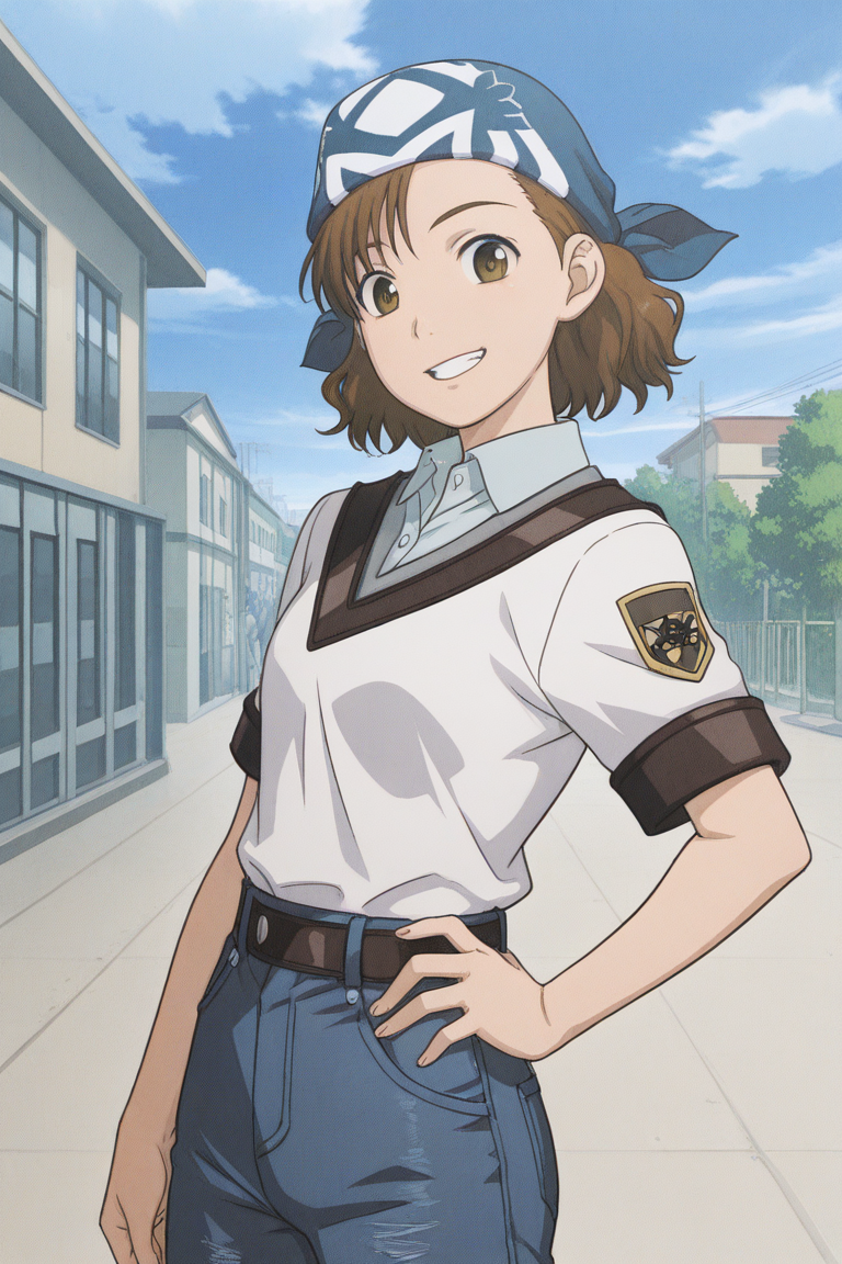 masterpiece, best quality, source_anime,official art,perfect_anatomy,1girl,Seika_Mori,bandana,blue_headwear,brown_eyes,brown_hair,school_uniform,denim_pants,(beautiful detailed face,looking_at_viewer,grin),hand_on_hip,cowboy_shot,day,blue_sky,cloud