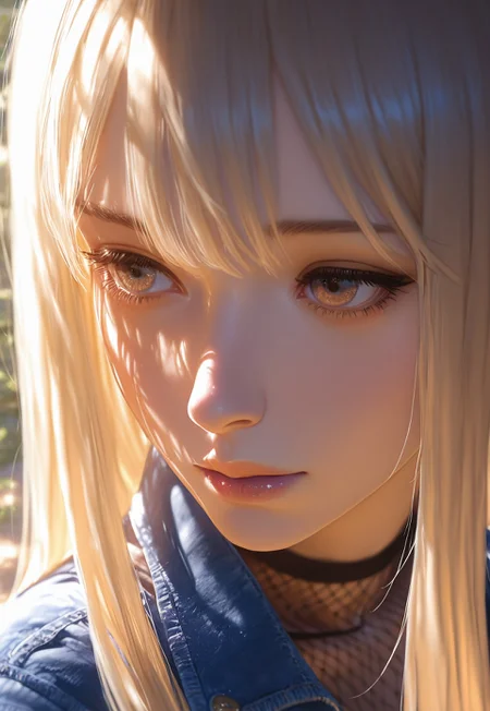 Hype4realistic, 1girl, denim jacket, short ruffled skirt, fishnet tights, long loose hair, outdoors,portrait, hyperrealistic, closeup shot, detailed face, detailed eyes, beautiful girl, sunlight, shadows, shallow depth of field, blurry, gaze, hazel eyes, realistic, 