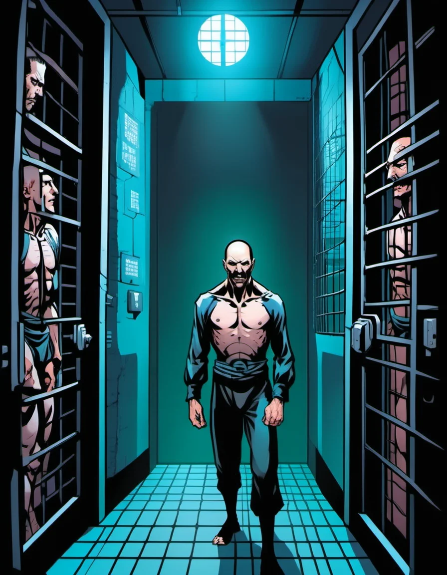 breathtaking graphic novel illustration of Within the walls of a fortress-like prison, inmates with neural implants serve sentences in virtual cells, their minds trapped in endless loops of punishment, their bodies mere husks in the real world. <lora:Graphic_Novel_Illustration_Civitai-000007:1>