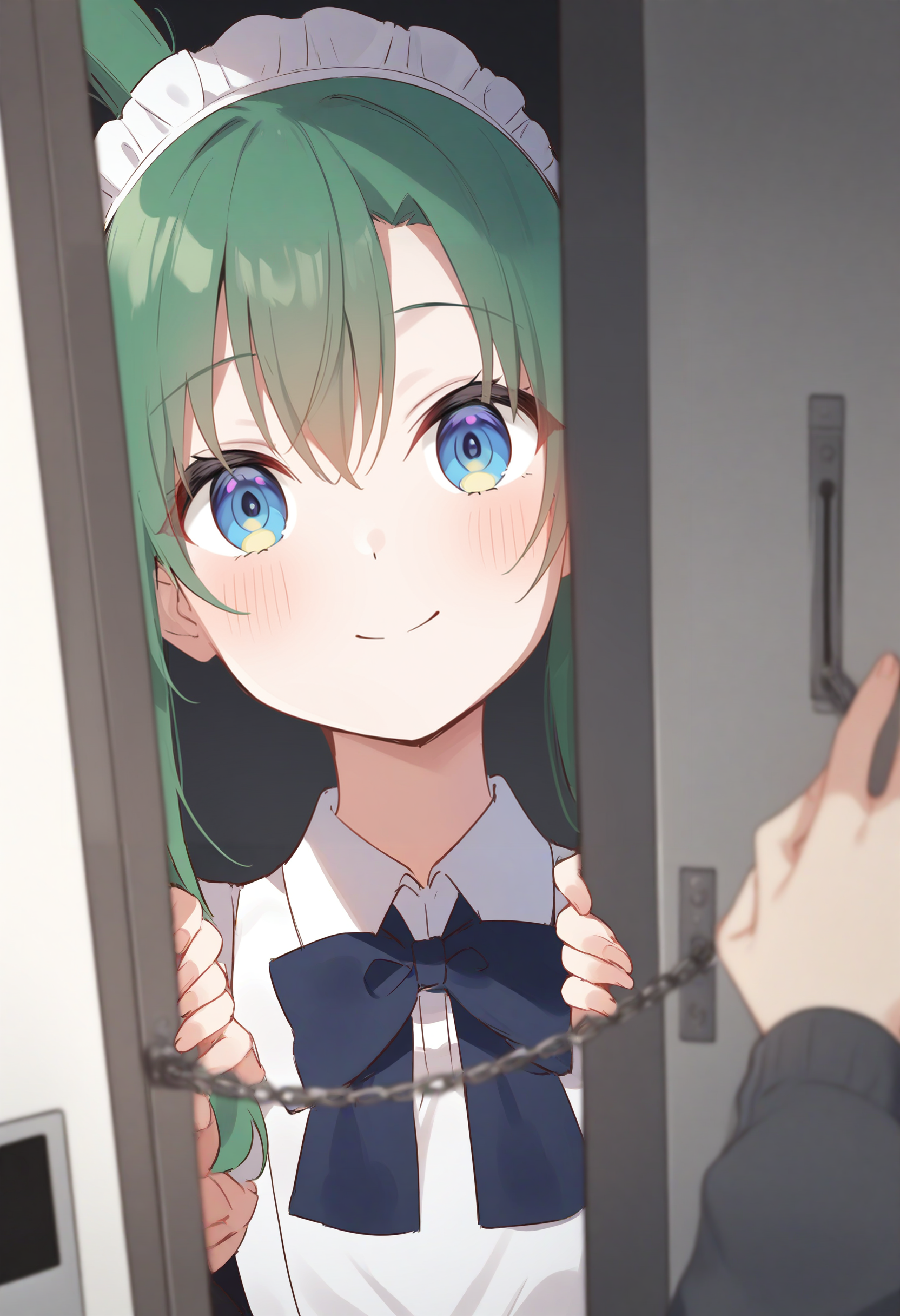 1girl,sincos, ningen mame, toosaka asagi,solo,medium breasts,20yo,maid,maid headdress,
door chain, peeking out, open door,<lora:doorchain_XL_v1:1.0>
chain, pov doorway, opening door, close-up,
from behind, wide shot, looking away, green hair, gray eyes,blush, Tokyo city, closed mouth, topknot hair,,
best quality, very aesthetic, absurdres ,