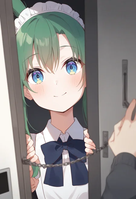 1girl,sincos, ningen mame, toosaka asagi,solo,medium breasts,20yo,maid,maid headdress,
door chain, peeking out, open door,<lora:doorchain_XL_v1:1.0>
chain, pov doorway, opening door, close-up,
from behind, wide shot, looking away, green hair, gray eyes,blush, Tokyo city, closed mouth, topknot hair,,
best quality, very aesthetic, absurdres ,