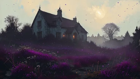 A Scottish croft on the edge of a windswept moor, its stone walls weathered by centuries of storms, surrounded by heather in shades of purple,, Ambient occlusion, bioluminescent, glowing,, digital painting, artstation, concept art, smooth, sharp focus, illustration, art by artgerm and greg rutkowski and alphonse mucha, footage from space camera  <lora:MJ52:0.8>  <lora:Bio-Luminescence:0.8>  <lora:EnvyFeverDreamXL01a:0.8> <lora:Misty_Vintage:0.8>