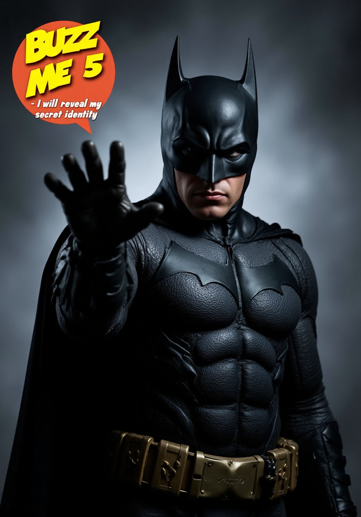 Ultra-realistic portrait of Batman in a dramatic pose, extending his hand invitingly toward the viewer, serious but slightly exaggerated expression as if trying to be intimidating but coming off unintentionally funny, detailed black and dark gray armor with a shiny gold utility belt, hyper-detailed cowl and muscular suit, misty cloudy background, cinematic lighting with a humorous undertone. Add playful, bold comic-style text at the top: "BUZZ ME 5 -  I will reveal my secret identity", making the overall vibe slightly silly but Batman himself still serious.,RFaceji