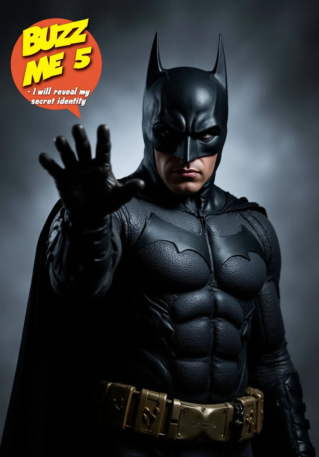 Ultra-realistic portrait of Batman in a dramatic pose, extending his hand invitingly toward the viewer, serious but slightly exaggerated expression as if trying to be intimidating but coming off unintentionally funny, detailed black and dark gray armor with a shiny gold utility belt, hyper-detailed cowl and muscular suit, misty cloudy background, cinematic lighting with a humorous undertone. Add playful, bold comic-style text at the top: "BUZZ ME 5 -  I will reveal my secret identity", making the overall vibe slightly silly but Batman himself still serious.,RFaceji
