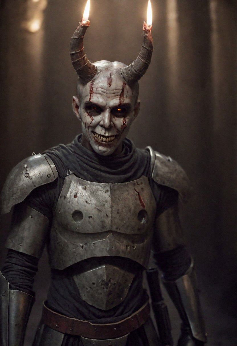 A photo of a (menacing demon lord:1.3), (curved horns:1.2), piercing red eyes, (grinning skull-like face:1.1), muscular build, (pointing directly at viewer:1.2), surrounded by an army of (ghouls and skeletal figures:1.1), flickering candlelight, medieval dungeon setting, (ominous soldier with rifle:1.1), atmospheric dread, gothic horror theme, Sony A7R IV, 1/60s, f/2.8, ISO 1000, cinematic composition, HDR imaging, detailed textures, macabre mood, RAW photography, professional grade,photography in the style of Labirynth movie, close up of (awful) and (sweet) creature with sword stained with (blood), inside a claustrophobic ancient and ruined labirynth ,fantasy,hyper detailed, real skin imperfections, hard lighting, bokeh, ((curi:1.2))armor star wars