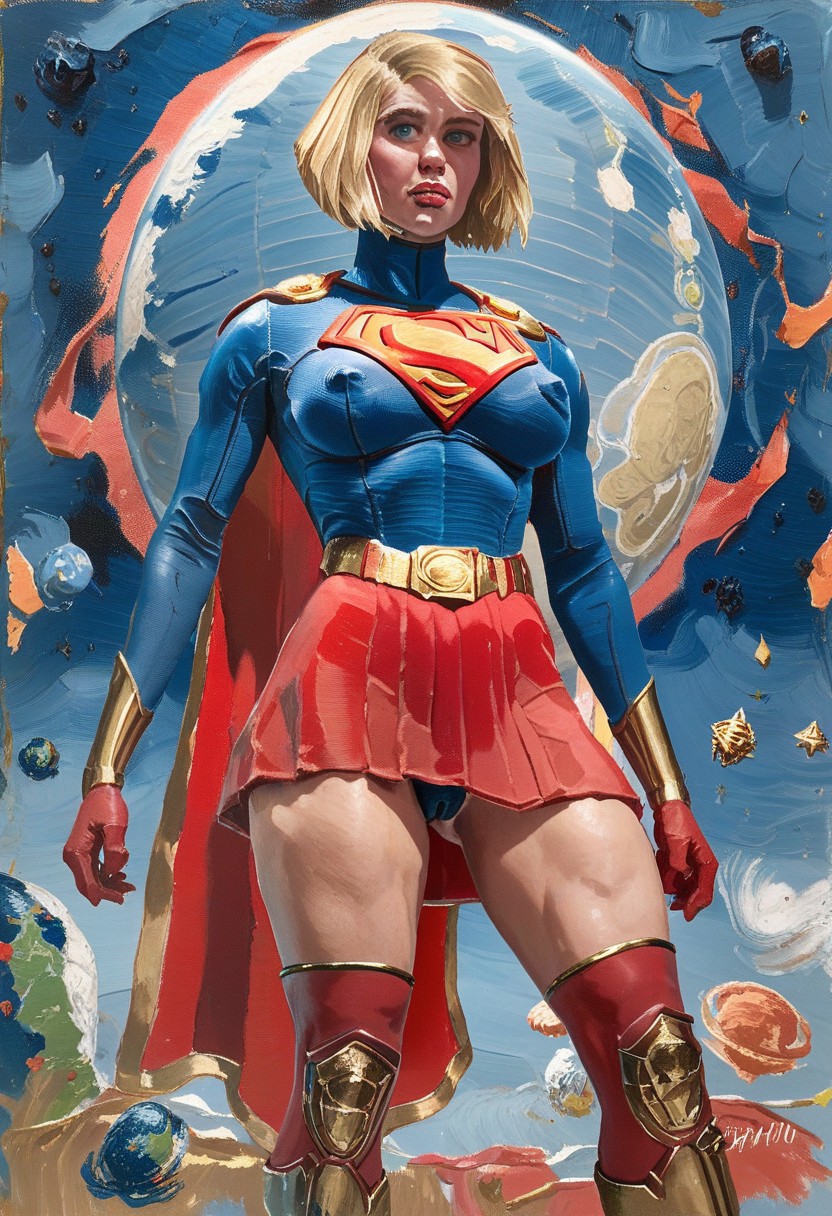Krytponianarmour, score_9, score_8_up, score_7_up, thick thighs, supergirl, blonde hair, short hair,  red thighhigh boots, blue top, long sleeves, red skirt, classic superman logo, cape, windy, gold trim, futurcouture, red elbowgloves, gold belt,  gold trim, revealing outfit, large breasts, perfect face, blue eyes, thick lips, planet, planet (earth), Headwear, cameltoe, puffy nipples, 
abstractionism, brush stroke, traditional media,