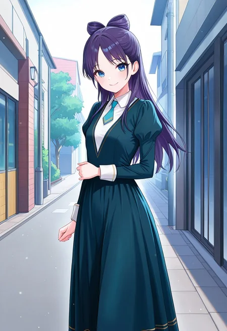 (absurdres, best quality, masterpiece:1.4), amazing quality, highres, newest, detailed, detailed body, detailed face, beautiful, petite,
BREAK
WWNemu, 1girl, solo, standing, smile, NemuMang, manga illustration, dark purple hair, bow-shaped hair, parted bangs, half updo, blue eyes, v-neck dress, white inner collared shirt, Short necktie, juliet sleeves, long skirt