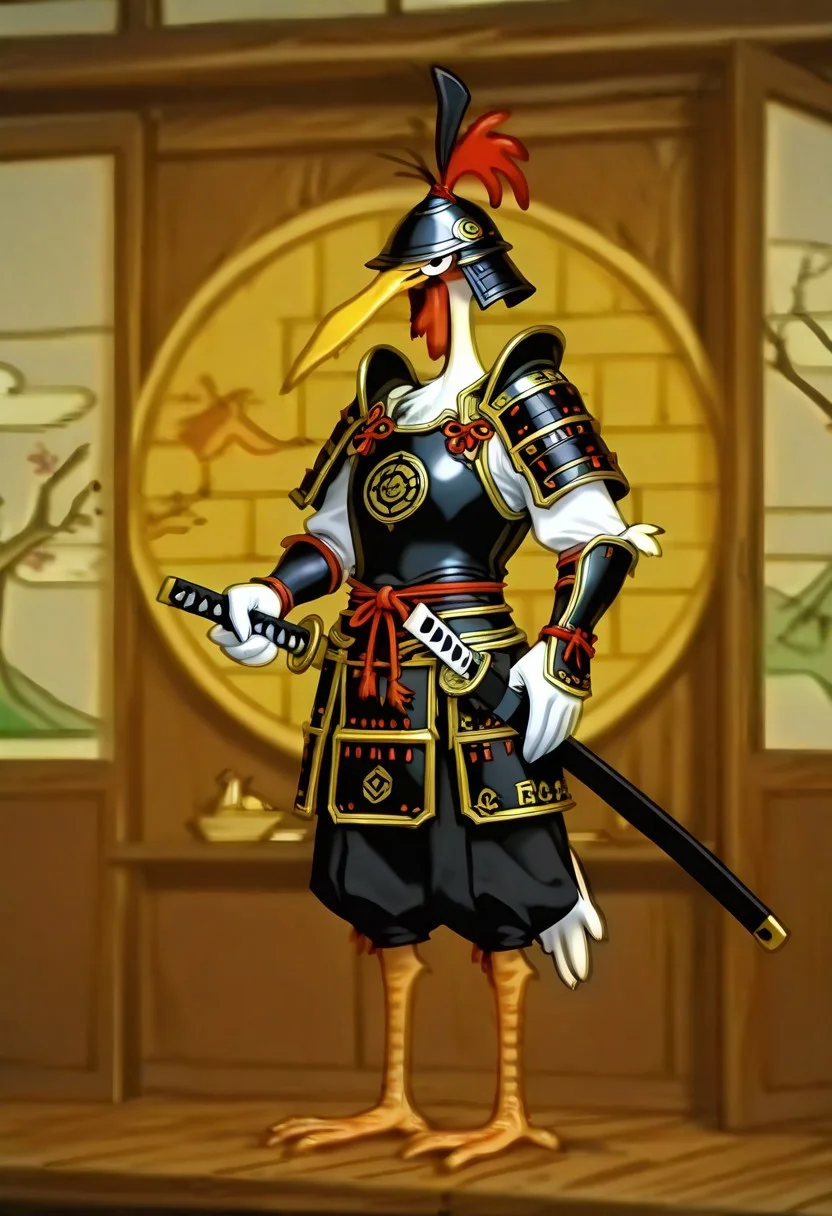 Masterpiece, best quality, highly detailed, absurdres, 1boy, solo, cartoon, ch1ken, chicken, long beak, white feathers, samurai, samurai armor, samurai helmet holding, katana, no helmet, chicken feet, Japan fantasy background, detailed background,