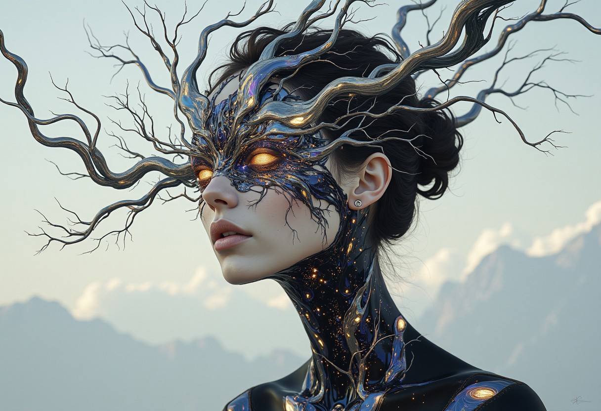 Create a surreal and ethereal portrait that fuses fragmented human forms with intricate metallic elements and luminous, flowing textures. The figure appears deconstructed, with parts of their body dissolving into swirling patterns of light and liquid-like metal. Their face is partially obscured by iridescent, biomechanical structures that resemble a fusion of organic vines and sleek machinery, glowing softly with hues of silver, blue, and violet.
The backdrop is an abstract dreamscape, with shimmering light fractals and misty gradients blending into an infinite horizon. The figure’s posture is graceful yet mysterious, as if caught between worlds, with textures of smooth metal, translucent skin, and delicate, flowing fabrics harmonizing seamlessly. The atmosphere is otherworldly, emphasizing a balance between beauty and distortion, organic life and mechanical perfection, evoking a haunting yet mesmerizing futuristic aesthetic,CynthiaPortrait
