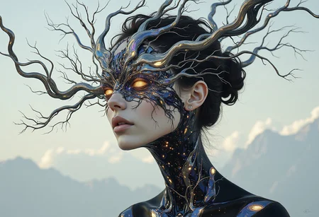 Create a surreal and ethereal portrait that fuses fragmented human forms with intricate metallic elements and luminous, flowing textures. The figure appears deconstructed, with parts of their body dissolving into swirling patterns of light and liquid-like metal. Their face is partially obscured by iridescent, biomechanical structures that resemble a fusion of organic vines and sleek machinery, glowing softly with hues of silver, blue, and violet.
The backdrop is an abstract dreamscape, with shimmering light fractals and misty gradients blending into an infinite horizon. The figure’s posture is graceful yet mysterious, as if caught between worlds, with textures of smooth metal, translucent skin, and delicate, flowing fabrics harmonizing seamlessly. The atmosphere is otherworldly, emphasizing a balance between beauty and distortion, organic life and mechanical perfection, evoking a haunting yet mesmerizing futuristic aesthetic,CynthiaPortrait