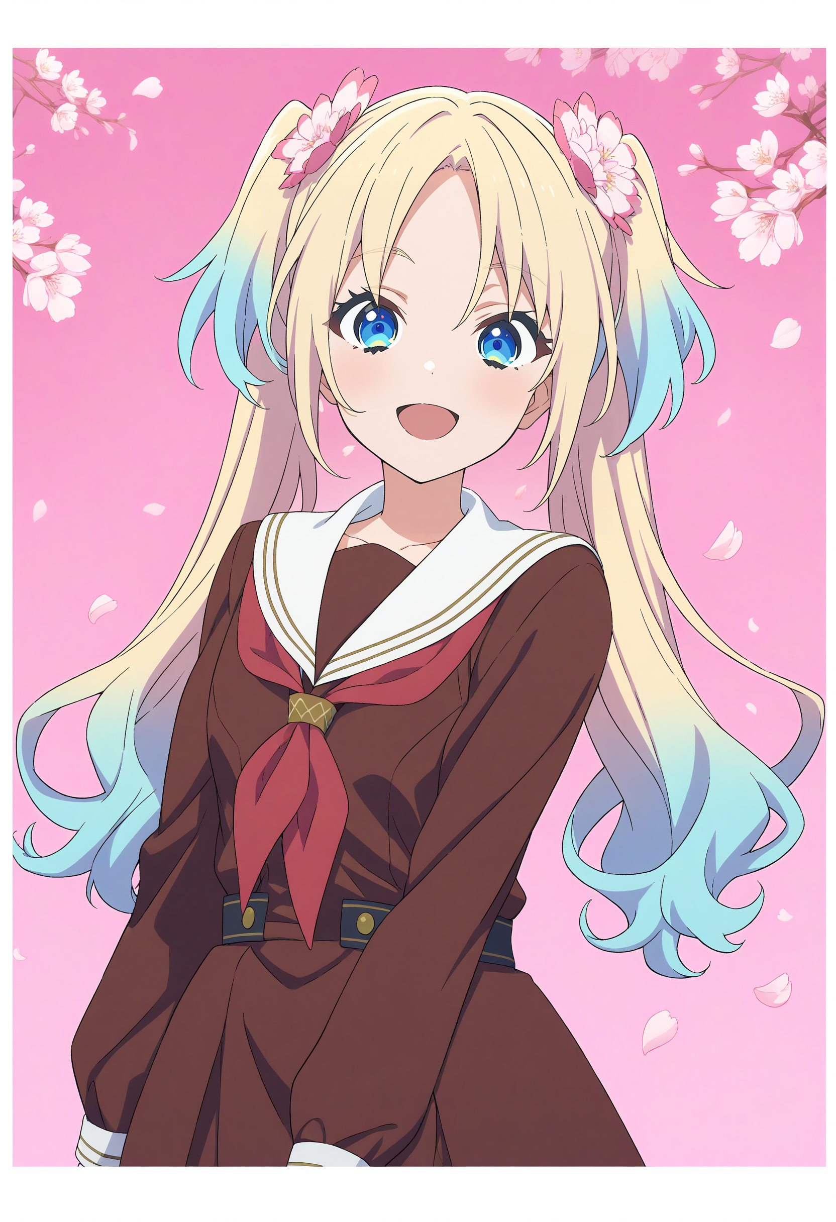 1girl, best quality, masterpiece, anime, anime coloring, simple background, pink background, pink theme, outside border,
<lora:A_XL_Osawa Rurino v3_Animagine31:1> osawa rurino, link! like! love live!, blonde hair, long hair, blue eyes, hair ornament, multicolored hair, gradient hair, twintails, parted bangs, double twintails, cute,
winter uniform, hasunosora school uniform, long sleeves, brown serafuku, red neckerchief, white sailor collar, looking at viewer, smile, (petals, falling petals, cherry blossoms:1.2),