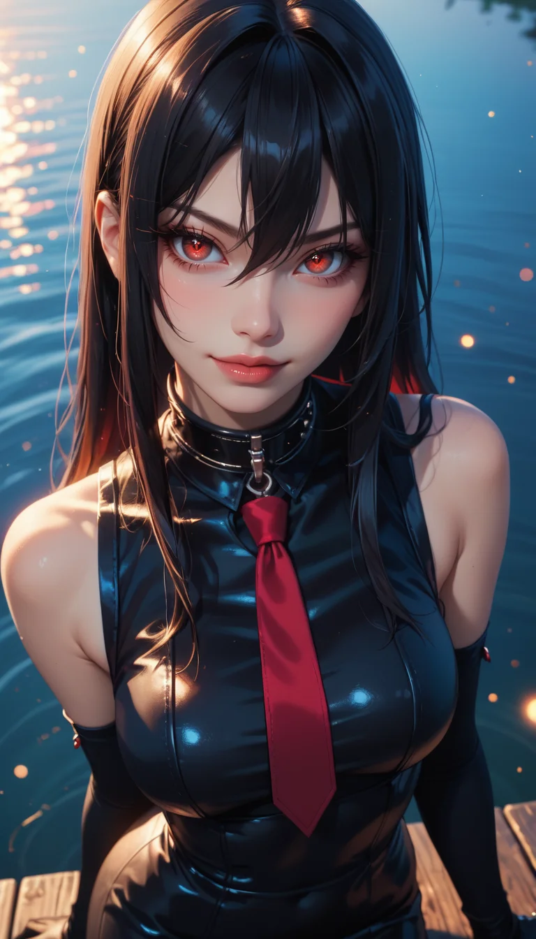 score_9, score_8_up, score_7_up, Cowboy Shot, Akame ga Kill!, cute, seductive, innocent, light smile:0.3, plump lips, slender body, very long black hair, red eyes, black dress, sleeveless, detailed white collar, black skirt, red and black gloves, long red tie, ultrahigh resolution textures, bokeh, moonlight passing through hair night, lake background, 4n1v3rs3, depth of field, dynamic angle, fashion photography, sharp, hyperdetailed:1.15