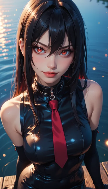 score_9, score_8_up, score_7_up, Cowboy Shot, Akame ga Kill!, cute, seductive, innocent, light smile:0.3, plump lips, slender body, very long black hair, red eyes, black dress, sleeveless, detailed white collar, black skirt, red and black gloves, long red tie, ultrahigh resolution textures, bokeh, moonlight passing through hair night, lake background, 4n1v3rs3, depth of field, dynamic angle, fashion photography, sharp, hyperdetailed:1.15