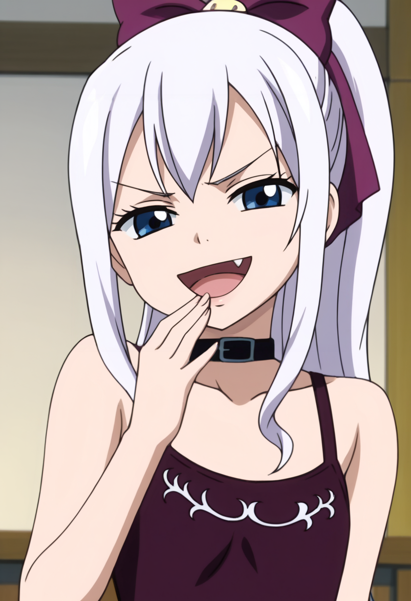 source_anime,anime screencap, anime coloring,intricate details,rating_safe, masterpiece, best quality,
(best quality, absurd res, ultra detailed),,(4 finger:0.5),1girl, ((solo)), good eyes,perfect eyes,,detailed eyes, zPDXLxxx , zPDXL3, OverallDetail,detailed, detailed face
BREAK
solo,indoors,standing,front view,upper body,
mj, 1girl, flat chest, blue eyes, long hair, white hair, ponytail, choker, collarbone, bare shoulders, tank top, crop top,
, <lora:add-detail-xl:5> <lora:mirajane-rev:0.8>     <lora:Mesugaki_Concept_v1.1:0.8> mesugaki, smug, skin fang, hand to own mouth