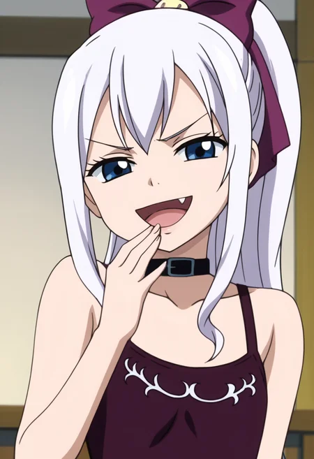 source_anime,anime screencap, anime coloring,intricate details,rating_safe, masterpiece, best quality,
(best quality, absurd res, ultra detailed),,(4 finger:0.5),1girl, ((solo)), good eyes,perfect eyes,,detailed eyes, zPDXLxxx , zPDXL3, OverallDetail,detailed, detailed face
BREAK
solo,indoors,standing,front view,upper body,
mj, 1girl, flat chest, blue eyes, long hair, white hair, ponytail, choker, collarbone, bare shoulders, tank top, crop top,
, <lora:add-detail-xl:5> <lora:mirajane-rev:0.8> <lora:Mesugaki_Concept_v1.1:0.8> mesugaki, smug, skin fang, hand to own mouth
