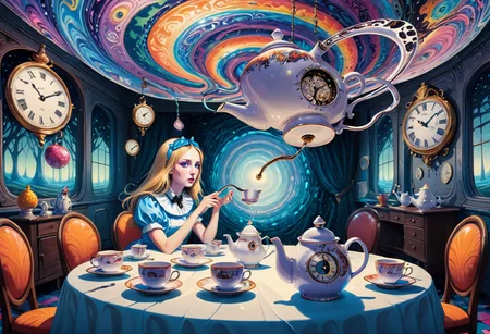 a woman, alice in wonderland, one clock, long table going into infinity, teapot, psychedelic odyssey, head fracturing into dimensional slices, surreal voids between planes, shifting geometric landscapes, prismatic light effects, otherworldly creatures, visual symphony of chaos and order, transcendent colors, dreamlike atmosphere, detailed exploration of consciousness, high fidelity<lora:Style_ThatSpecialFace:0.7> inside a teapot, reflections