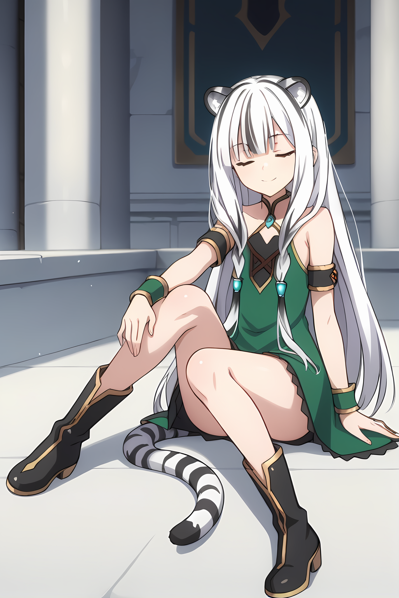 (green dress black boots), tny-atla, tiger tail, tiger ears, white hair, long hair, green armlets, 1girl, solo, skinny, feet, score_9, score_8, score_7, source_anime, light smile, castle, (1.3::full body|sitting|standing|lying|0.6::close-up| :1.20), closed eyes <lora:tny-atla-V01-000004:0.70>