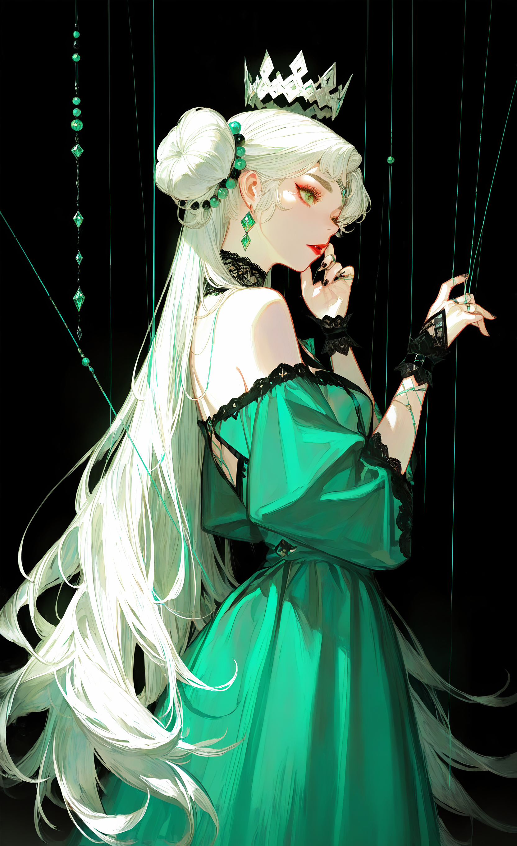 masterpiece, best quality, good quality, very aesthetic, absurdres, newest, 1girl, arm cutout, bare shoulders, beads, black background, black bridal gauntlets, black collar, black nails, black wrist cuffs, bridal gauntlets, circlet, collar, cowboy shot, crown, diamond cutout, double bun, dress, expressionless, eyelashes, gem, gown, green dress, green eyes, green gemstone, green theme, hair beads, hair bun, hair ornament, hand on own cheek, hand on own face, jewelry, lace-trimmed sleeves, lace collar, lace trim, lace wrist cuffs, lipstick, long dress, long hair, looking at hand, makeup, nail polish, off-shoulder dress, off shoulder, parted lips,puppet strings, red lips, solo, string around finger, thick eyebrows, very long hair, white crown, white hair, wrist cuffs <lora:ponyv4_noob1_2_adamW-000017:0.7> <lora:USNR_STYLE_XL_lokr:1> <lora:GBF_Illustrious:0.6>