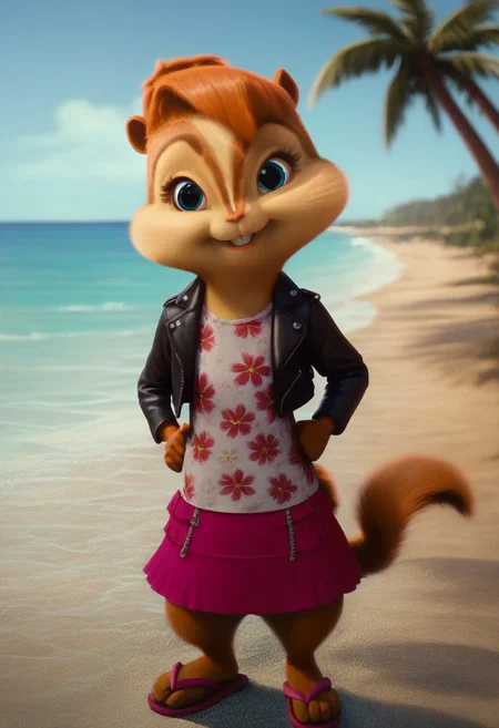 score_9, score_8_up, score_7, score_6, detailed background, beach, palm trees, ocean, brittany miller, chipmunk, furry, short ears, white floral shirt, black leather jacket, floral mini skirt, sandals, standing, hands on hips, looking at viewer, front view, cute smile, 6 inches tall