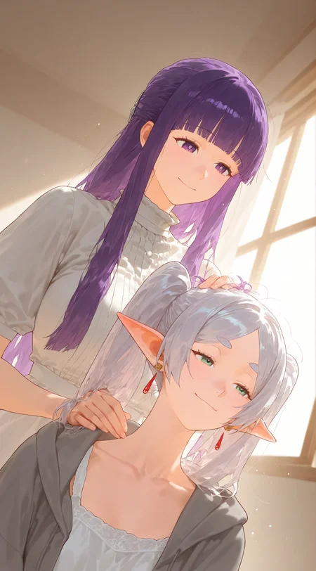 <lora:age_slider_v4:5>,<lora:Lunas-Eatsleep1111-IllustriousXL-EXP2:0.4>,eatsleep1111,<lora:gy0804001-000495:0.5>,<lora:WHM(Illust)0.1v:0.7>,<lora:chimmymingXLP:0.5>,<lora:Expressive_H:0.65>,
year 2023,2girls,multiple girls,fern \(sousou no frieren\),frieren,sousou no frieren,= =,blunt bangs,brushing another's hair,brushing hair,camisole,collarbone,dutch angle,elf,from below,grey hoodie,hand on another's head,hood,hood down,hoodie,indoors,lens flare,light blush,light particles,light rays,long hair,looking ahead,open clothes,open hoodie,pointy ears,puffy short sleeves,puffy sleeves,purple eyes,purple hair,short sleeves,sidelocks,smile,sunbeam,sunlight,sweater,thick eyebrows,turtleneck,turtleneck sweater,upper body,white camisole,white hair,white sweater,window,bare shoulder,green eyes,closed mouth,parted bangs,twintail,short eyebrow,