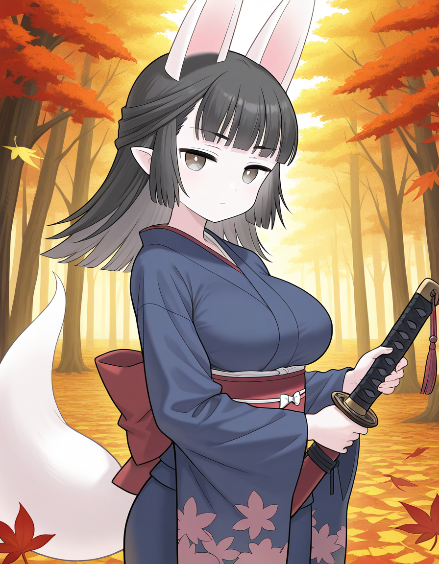 general,highres, ultra-detailed,very aesthetic,best quality ,best hands,  BREAK <lora:Hasaha_IS:1.1> Hasaha, animal ears, black hair, brown eyes, pointy ears,  white tail, large breasts,
 long hair, serious face, holding, looking at viewer, cowboy_Shot, Japanese sword, blue kimono, red sash,  floral print,
forest, 
autumn,
fallen leaves,