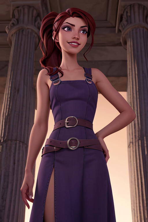 megherc, 1girl, lips, (long dark auburn hair:1.3), ponytail, purple eyes, eyeshadow, long greek purple dress, bare shoulders, detailed skin, detailed eyes, finely detailed hair, (standing, from below, presenting:1.7), gorgeous, detailed intricate face, photorealistic, intricate detail, athletic, (abs:0.2), (small demure smile), greek temple, (highly detailed background:1.1), sharp focus, volumetric lighting, subsurface scattering, (OverallDetail:1.2), EyeDetail, HairDetail, <lora:megara_v1-04:0.44> <lora:detail_slider_v4:0.8>