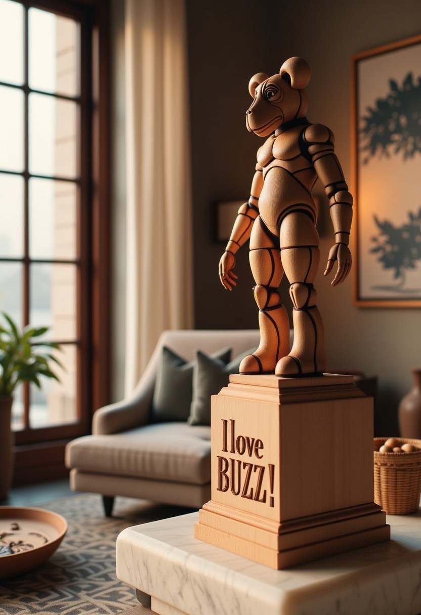 A wood creature  with iconic wooden stand and carved text "I love BUZZ!".  Set this scene in an elegant lounge room, where the statue stands proudly on a marble pedestal. Soft, warm lighting filters through large nearby windows. 
woodfigurez