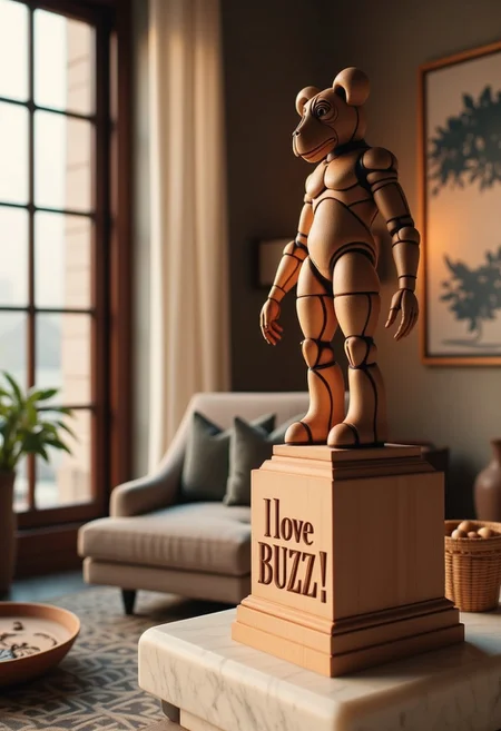 A wood creature with iconic wooden stand and carved text "I love BUZZ!". Set this scene in an elegant lounge room, where the statue stands proudly on a marble pedestal. Soft, warm lighting filters through large nearby windows.
woodfigurez