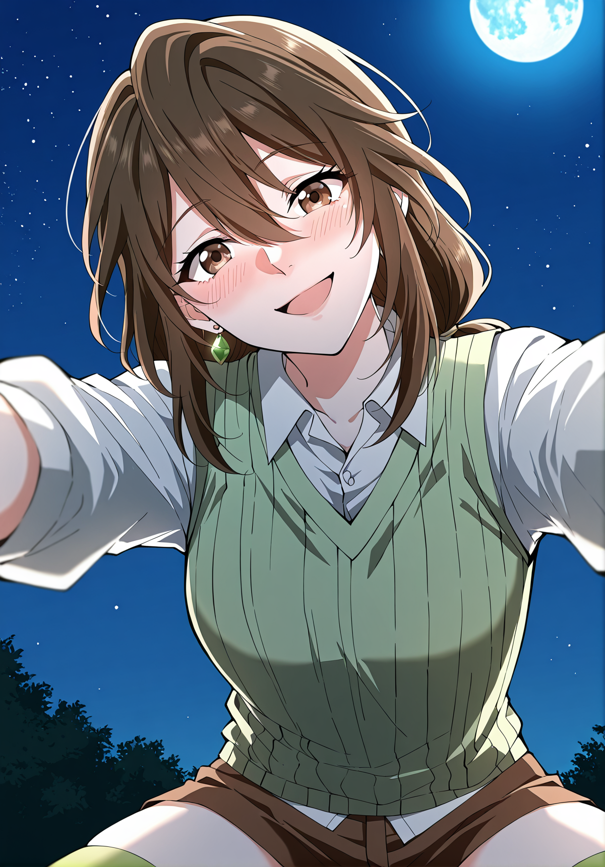 <lora:Eleanor_Leywin__The_Beginning_After_the_End__Illustrious:1>
1 girl, solo, brown hair, brown eyes, bangs
white shirt, collared shirt, earrings, jewelry, long hair, hair between eyes, green sweater vest, green thighhighs, long sleeves, brown shorts
score_9, score_8_up, score_7_up, score_6_up, source_anime, rating_explicit, 1girl, solo, smile, embarrassed, alcalose eyes, open mouth, looking at viewer, outstretched arms, pov, close-up, (head tilt:1.2), blue sky, night, blue moon,