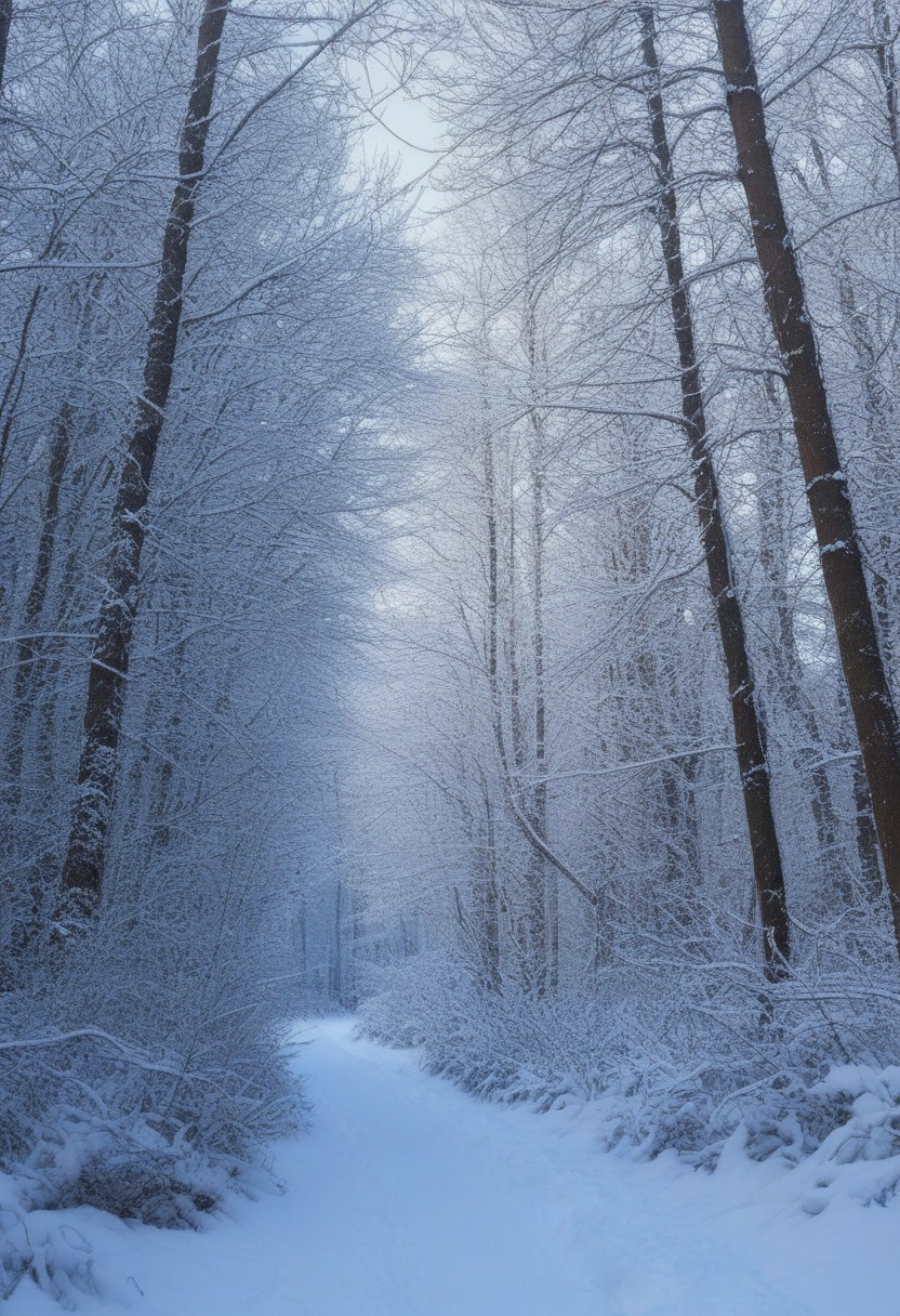 Landscape, very realistic photography, winter forest background with snow on the branches