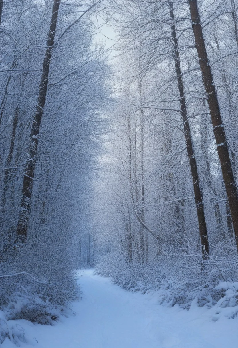 Landscape, very realistic photography, winter forest background with snow on the branches
