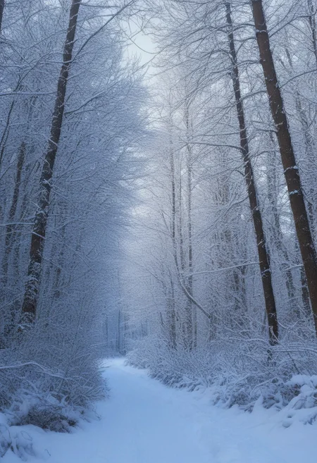 Landscape, very realistic photography, winter forest background with snow on the branches