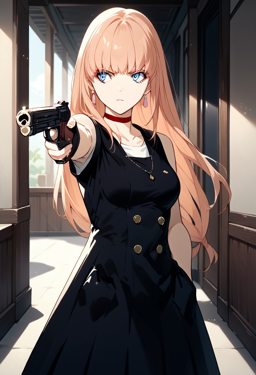 score_9, score_8_up, score_7_up, source_anime, 1girl, TURKISH KILLER POSE, LOOKING AT GUN, HOLDING HANDGUN, HAND IN POCKET, YUNA (B THE BEGINNING)