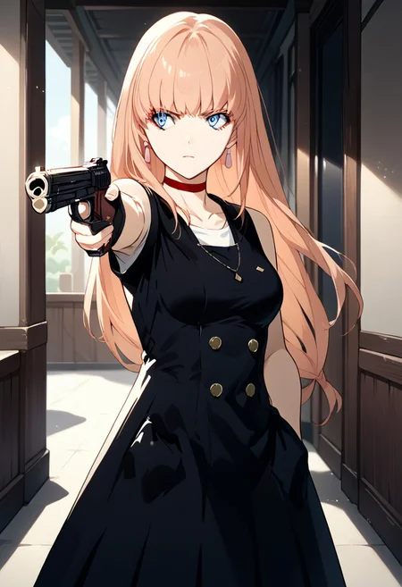 score_9, score_8_up, score_7_up, source_anime, 1girl, TURKISH KILLER POSE, LOOKING AT GUN, HOLDING HANDGUN, HAND IN POCKET, YUNA (B THE BEGINNING)