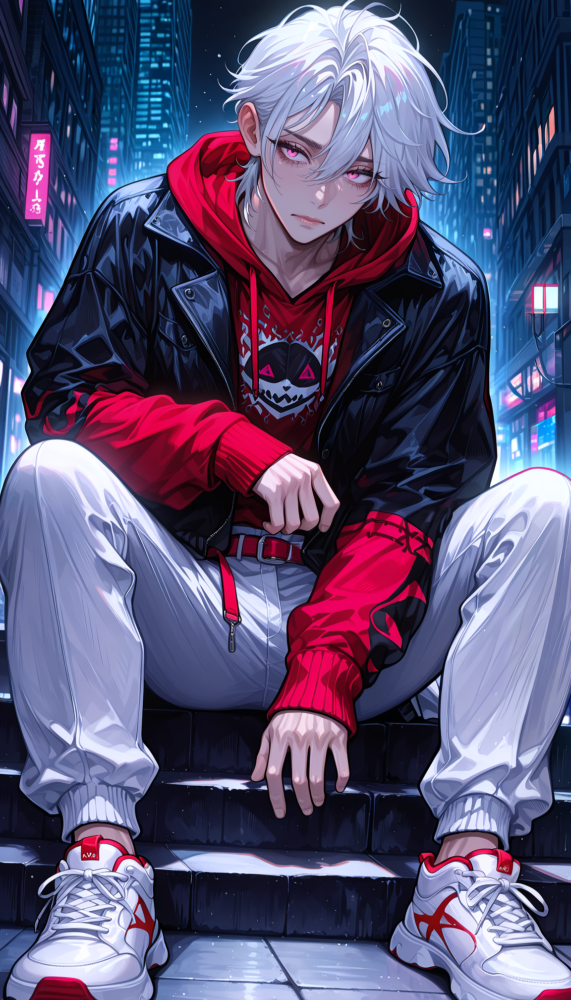 <lora:Lora\[Yue]Nijistyleâ :1> <lora:Lora\r8r:0.8> lora:Lora\Midjourney_Niji_Anime_model_style_for_IllustriousXL__*/Mix_of_V5__V6:1>masterpiece, best quality, good quality, very aesthetic, absurdres, newest, 8k uhd, dslr, ultra detailed, intricate details, sharp focus, hyperdetailed, texture details, subsurface scattering, ray tracing, global illumination, volumetric lighting, medium shot, skin pores, detailed iris, individual eyelashes, hair strands, fabric texture, stitch details, solo, 1boy, solo, male focus, mature guy, skinny guy, bright multi-colored hoodie, wide white pants, high white sneakers, cool sneakers with neon soles, guy has white hair, short hair, side bangs, sitting, makeup, long eyelashes, colored belt, colored straps, straps on pants, at an angle, urban style, street style. sitting on the steps, street night, city, big eyes, eyelashes, detailed face and body, vibrant details, ambient soft lighting, perfect anatomy, beautiful detailed eyes, dynamic angle, sharp focus, midniji, vibrant colors, dynamic poses