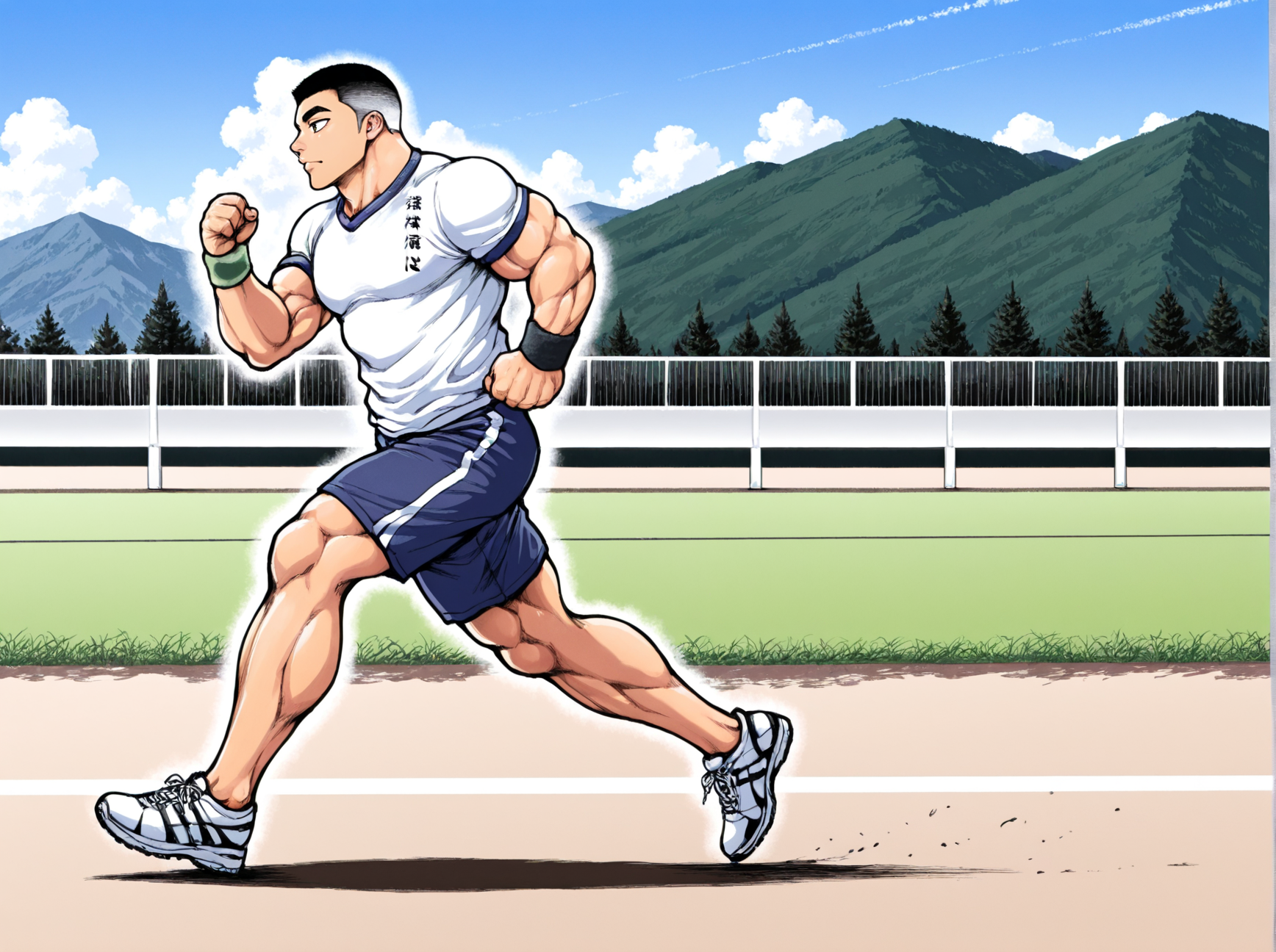 masterpiece, best quality, amazing quality, absurd res, 
 <lora:Katsumi_Orochi_Baki_for_Illustrious:1> 1boy, k4tsumi, thick eyebrows, muscular,
pattern shirt, shorts, sneakers, outdoors, sweatband, jogging, side view,