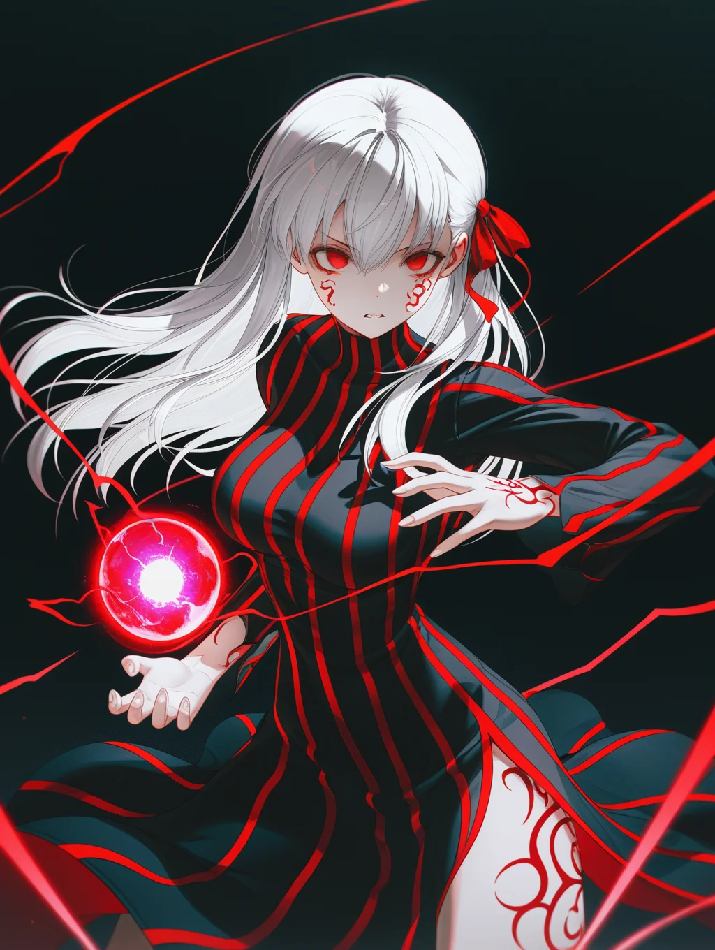 1girl, solo, black background, dark, wanke, z3zz4 Sakura Matou, white hair, red eyes, long hair, hair ribbon, body markings dark persona, corruption, red striped dress, long black dress, turtleneck teeth clenching, focus, serious, dynamic pose, fighting stance, holding dark energy, energy ball, red lightning,
,masterpiece,best quality,amazing quality,