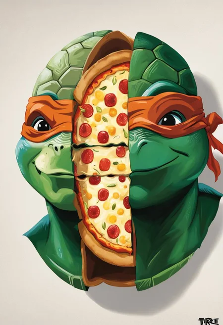 split, a rond pizza inside Leonardo the Ninja Turtle head.
