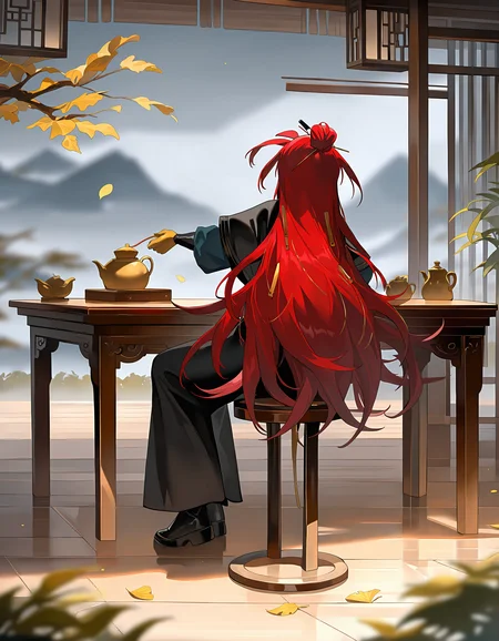 <lora:chuyi_noob:1>,xytx-chuyi,1girl,solo,long hair,red hair,sitting,table,pants,stool,black pants,very long hair,hair bun,leaf,teapot,black footwear,long sleeves,
masterpiece,best quality,very aesthetic,absurdres,