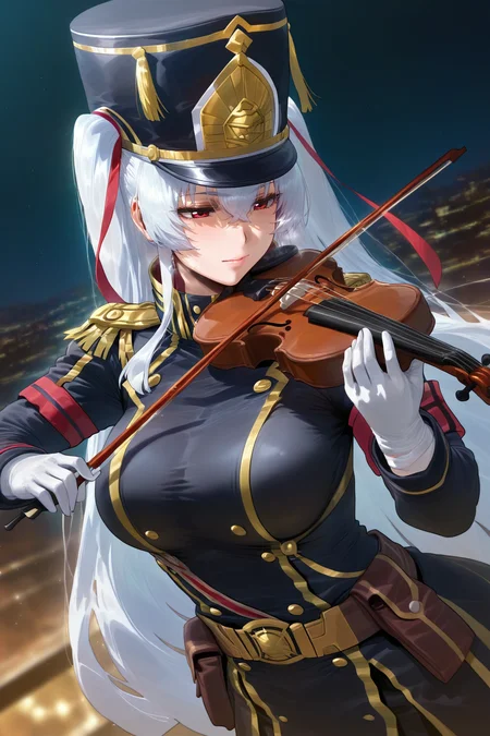 masterpiece,best quality,amazing quality,very aesthetic,(absurdres:1.1),newest,scenery,1girl,large breasts,mature female,shiny skin,instrument,hat,red eyes,solo,uniform,military uniform,long hair,playing instrument,military,music,violin,shako cap,holding instrument,gloves,holding,white hair,epaulettes,simple background,high collar,white gloves,belt,belt bag,black coat,black dress,black hat,altair_(re:creators),bow_(music),hair between eyes,hair ribbon,half-closed eyes,holding violin,lion head_(ornament),looking at object,red ribbon,shako cap,sidelocks,twintails,very long hair,dutch angle,close-up,photorealistic,light particles,night sky,dynamic pose,wide shot,night,cityscape,depth of field,volumetric lighting,, mikayori, masterpiece, best quality, good quality, newest