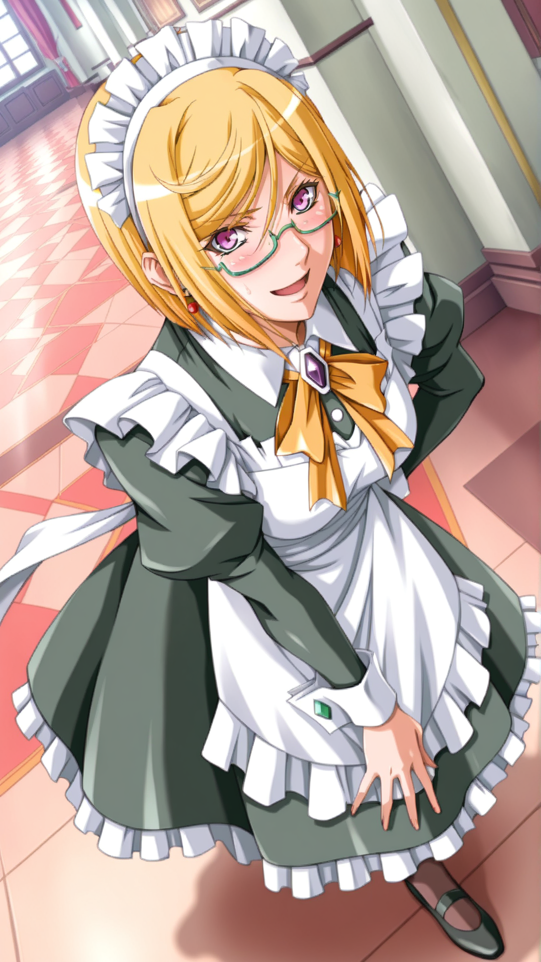 source_anime, general, best quality, masterpiece, 1girl,  <lora:Trya_ill_v1.0:1> trya\(srw\),blonde hair, purple eyes,bob cut,swept bangs, sidelocks,  jewelry, earrings,  green-framed eyewear, semi-rimless eyewear, maid, maid headdress, maid apron, happy, (embarrassed:0.7),  dynamic pose, dutch angle, full body,