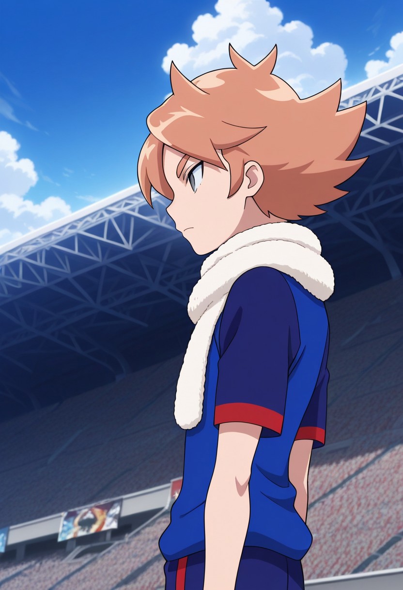 masterpiece,best quality,amazing quality, source_anime, 
FubukiAtsuya, 1boy, male focus, solo, grey eyes, orange hair, scarf, white scarf, orion soccer uniform, shirt, blue shirt, raglan sleeves, short sleeves,
outdoor, sky, day, clouds, stadium,