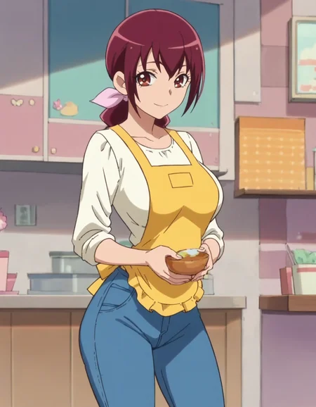 score_9, score_8_up, score_7_up, anime screencap, solo,1girl,hoshizoraikuyo, yellow apron,skirt,long denim pants,hair ribbon, white shirt,looking at viewer,smile, large breasts,wide hip<lora:hoshizoraikuyo_pony:0.8>